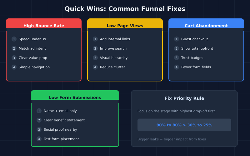 Dashboard showing common funnel fixes organized by problem type: high bounce rate, low page views, cart abandonment, and low form submissions